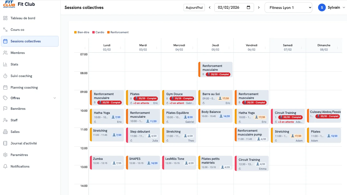 Planning staff hebdomadaire avec cours complets, places disponibles et listes d’attente