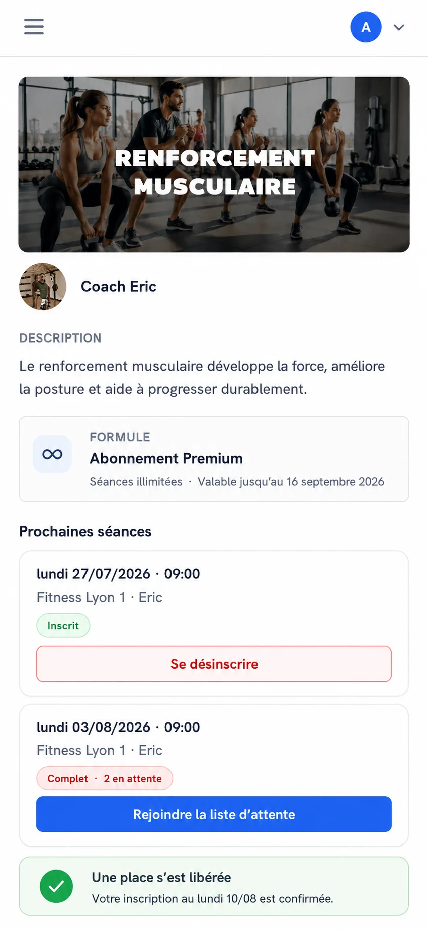 Réservation membre sur mobile avec cours complet et bouton pour rejoindre la liste d’attente