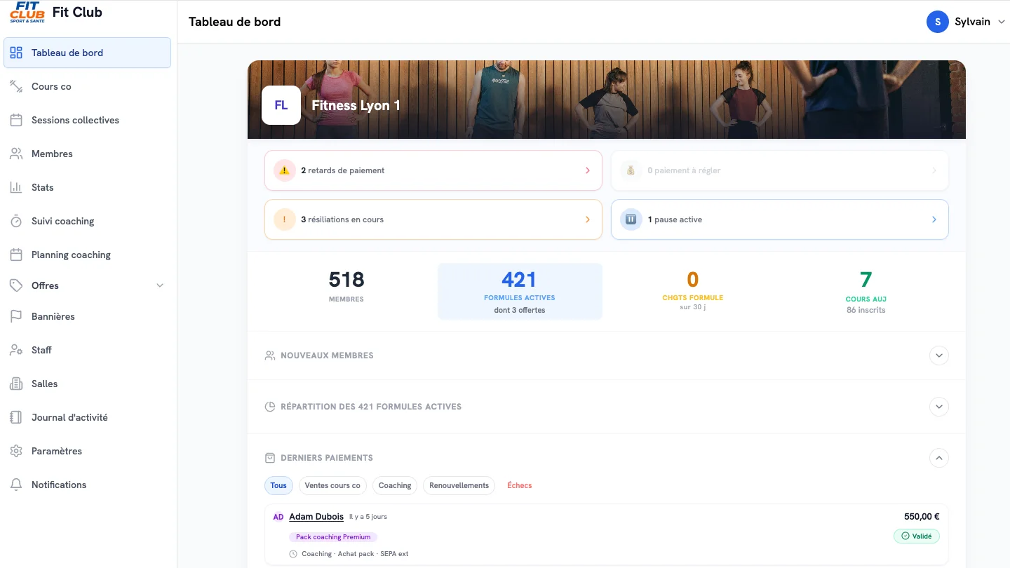 Tableau de bord staff avec alertes de paiement, indicateurs d’activité et derniers paiements